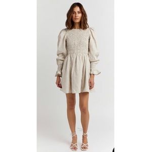 Dissh Linen Dress Kennedy Beige Natural Mini Shirred Bodice Long Sleeve Small